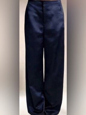 Navy Satin High-Waist Wide-Leg Pants